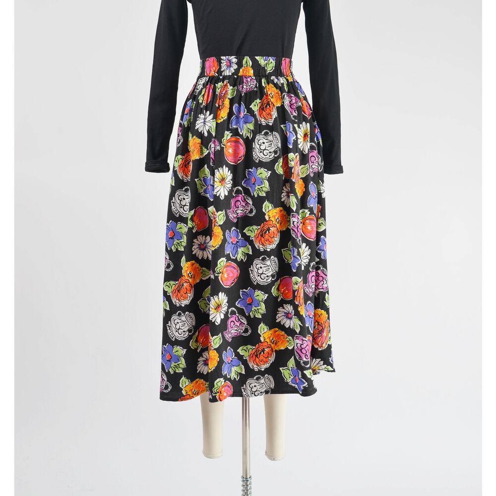 Vintage Cute Floral Vase Pottery Print Full Pleated Midi Skirt with Pockets M - Picture 8 of 9